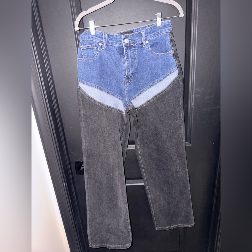 Fashion Nova size 7 Two-Tone Denim and Black Chap-style Jeans